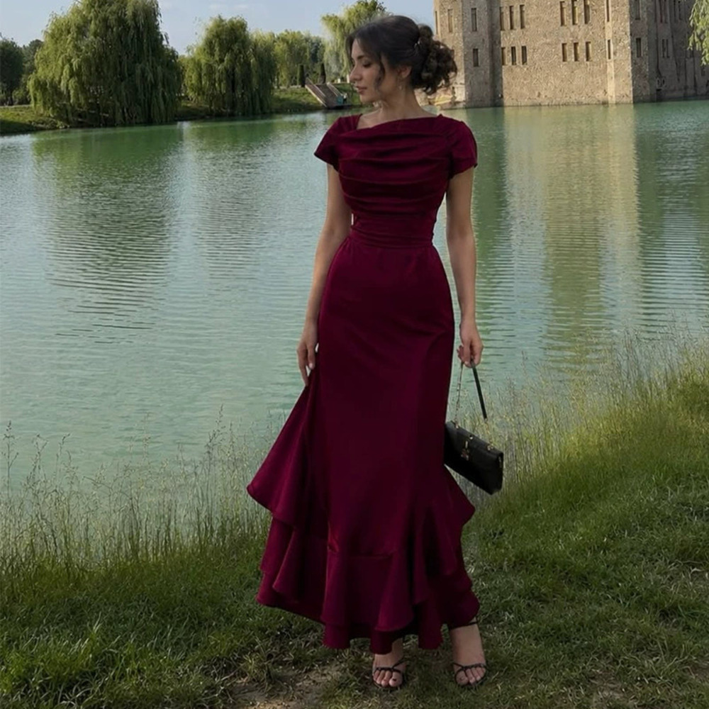 Forever 21 Summer Deep Red Fitted Waist Ruffle Elegant Dress